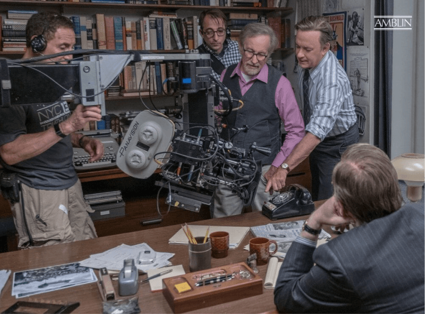 Discussing a shot with actor Tom Hanks, as legendary news editor Ben Bradlee, 
in The Post.